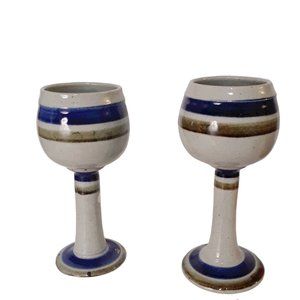 Art Pottery Wine Glass Goblets Chalice Set Of Two Blue Cream by Chris Stender